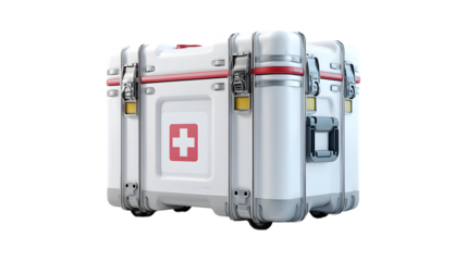 A row of white medical supply boxes with red crosses and metal hardware on a black background