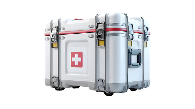 A row of white medical supply boxes with red crosses and metal hardware on a black background