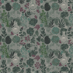 This intricate digital illustration showcases a harmonious blend of lush green foliage and delicate glass beakers, creating a captivating repeating design.