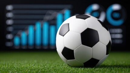 A close-up of a classic black and white soccer ball resting on green grass, with data graphs blurred in the background.