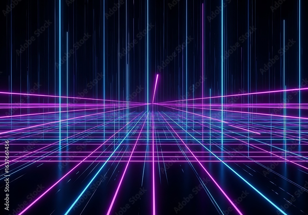 Poster abstract futuristic digital background with glowing blue and pink neon lines forming a grid and data