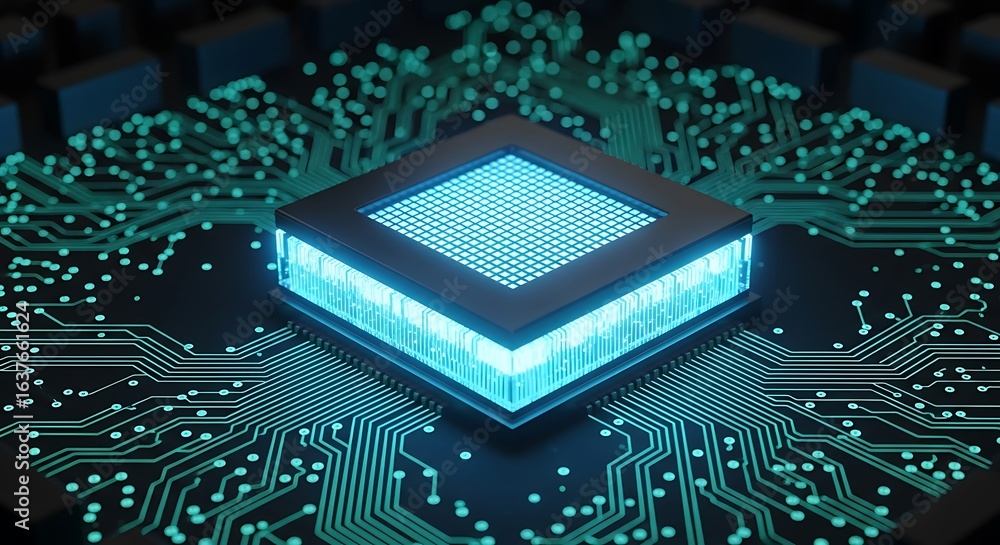 Poster futuristic glowing blue cpu processor chip on a circuit board, representing advanced technology, art