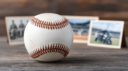 A baseball sits on a wooden surface, with vintage baseball photographs in the background, evoking nostalgia and the spirit of the game.