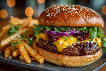 Hearty Big Burger with Fresh Vegetables and Crispy Fries
