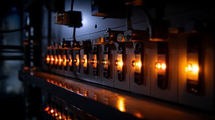Cable management inside data cabinet, organized wires. Electricity and electrical maintenance. AC voltmeter, checking the voltage of electric current a