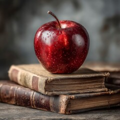 Classic Still Life of a Shiny Red Apple on Antique Books