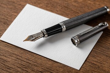 Elegant Fountain Pen with Blank Card on Wooden Table