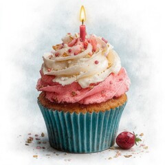 Charming Watercolor Cupcake with Cherry and Candle Decoration
