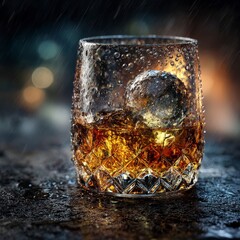 Elegant Crystal Whiskey Glass with Large Ice Sphere and Liquid
