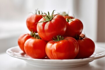 Fresh Ripe Tomatoes Stacked Neatly on a White Plate