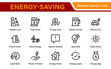 Energy-saving line icons. Contains icons for energy efficiency, power consumption, energy costs, greenhouse, reduction consumption, electric car, and more. Pixel perfect.