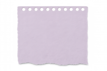 Blank purple ripped notebook paper with holes isolated on transparent background, ready for your message