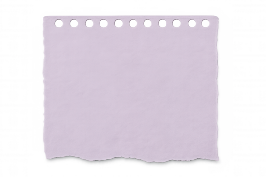 Blank purple ripped notebook paper with holes isolated on transparent background, ready for your message