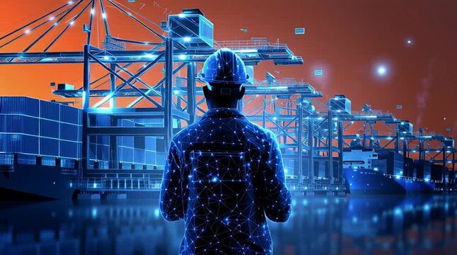 Visionary Overseeing Port Logistics: An observer in a protective hat gazing at a futuristic port, the scene enhanced with luminous digital effects.