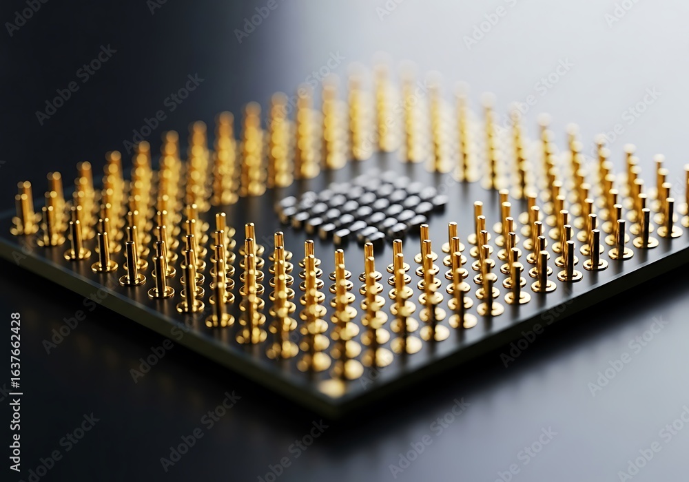 Poster closeup view of a computer processor with gold pins on a dark, reflective surface, highlighting its 
