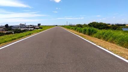 真夏の誰もいない江戸川左岸のサイクリング道路風景