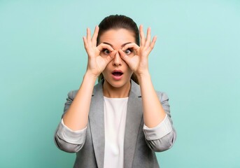 Playful Young Woman Making Hand Binoculars Gesture on Blue Background