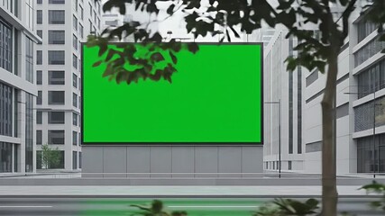 Large Green Screen Billboard Mockup in a Contemporary Cityscape with Passing Cars and a Smooth Tracking Shot for Advertising Placement