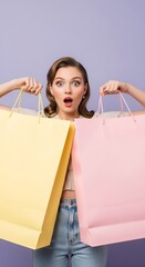 Excited Young Woman Holding Yellow and Pink Shopping Bags in Studio