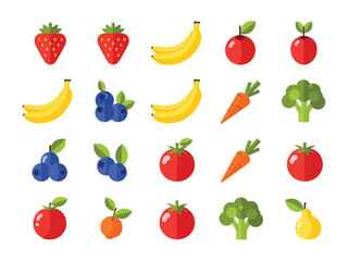 Vibrant Icons of Nature's Bounty: A delightful arrangement of colorful fruits and vegetables, including juicy strawberries, golden bananas, radiant apples, blueberries, fresh carrots, broccoli.