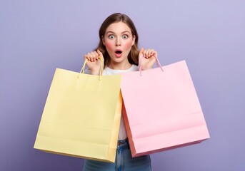Surprised Young Woman Holding Pastel Shopping Bags on Purple Background