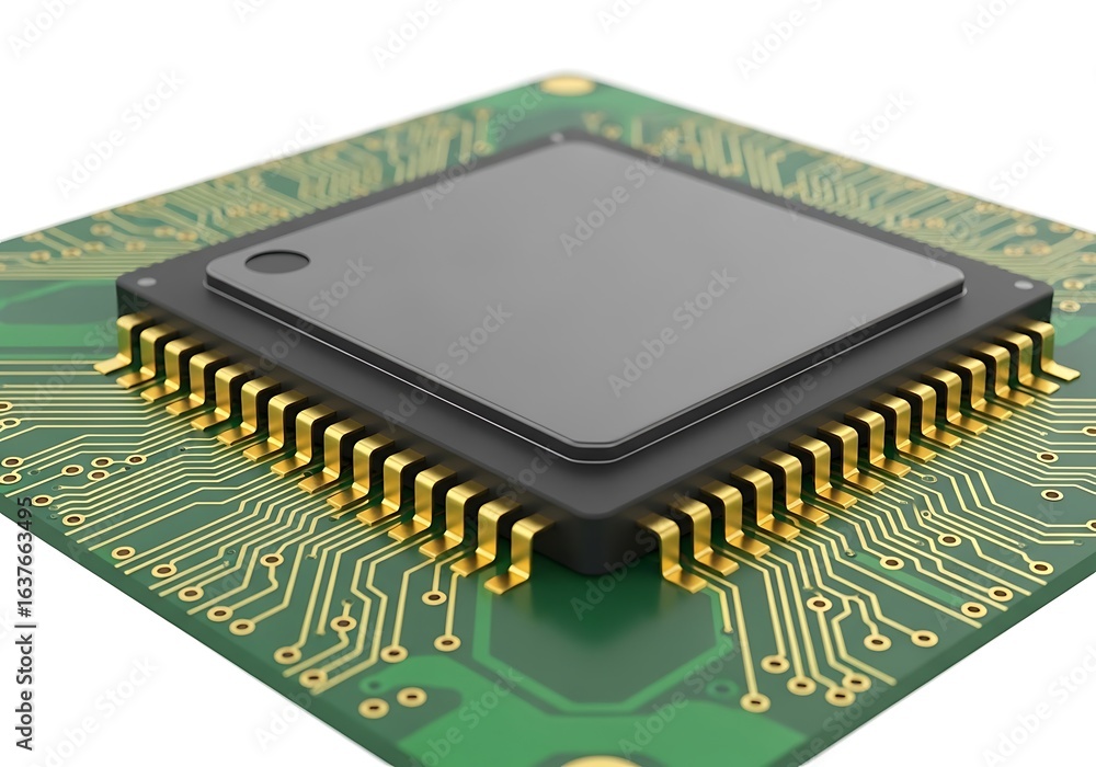 Poster closeup view of a computer processor chip with gold pins and a gray surface, isolated on a white bac