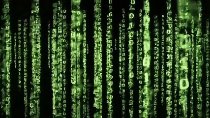 Green digital rain of cascading code, characters, and symbols falling against a black background. - Powered by Adobe