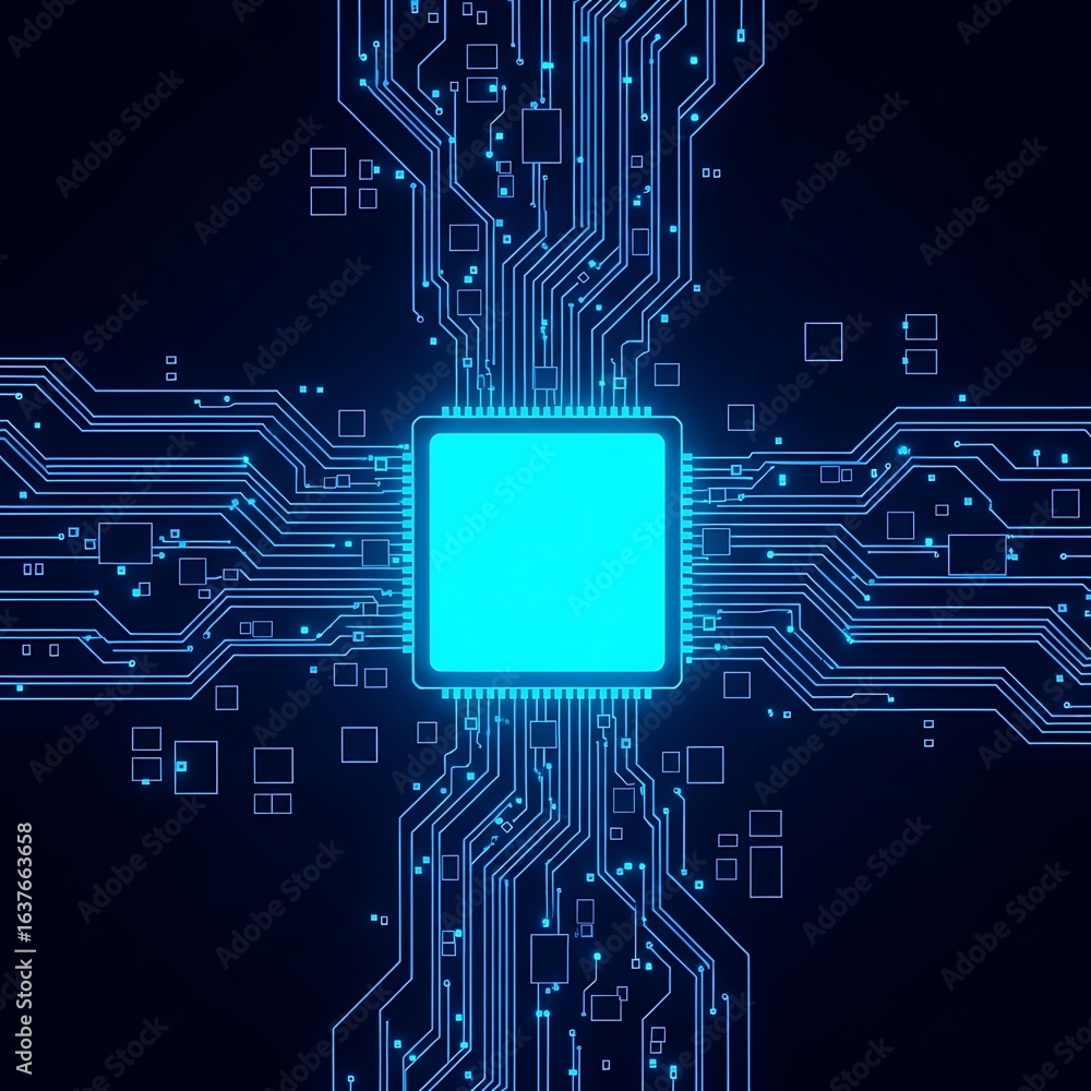 Poster abstract digital illustration of a central glowing blue cpu processor with radiating circuit board l