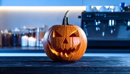 Scary Grin Decor on Dark Wooden Counter in Modern Kitchen Setting