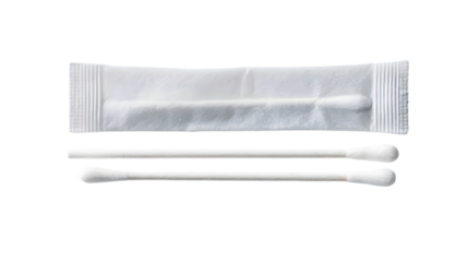 A close up of two cotton swabs next to a sealed cotton swab packet on a black background studio shot