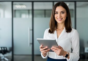 Confident businesswoman holding a tablet in a modern office, smiling and looking at the camera, ready for a successful day