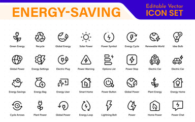 Energy-saving line icons. Contains icons for energy efficiency, power consumption, energy costs, greenhouse, reduction consumption, electric car, and more. Pixel perfect.