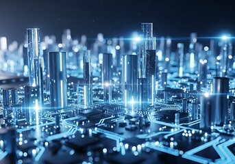 Abstract futuristic cityscape of glowing blue circuits and towers representing advanced technology and digital networks