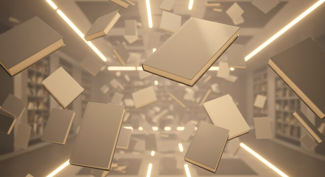 Floating Books in a Library Hallway