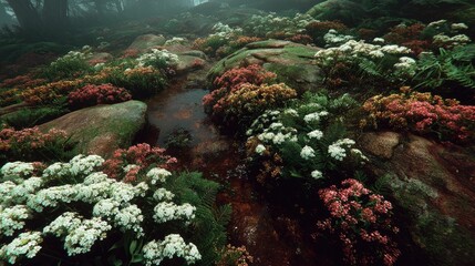 Fototapeta premium Spongy Forest Floor Texture with Organic Scattered Flowers and Rocks