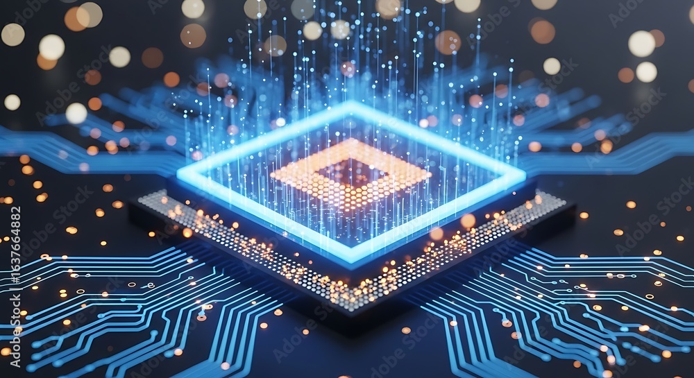 Poster glowing central processor on a circuit board with radiating blue light and digital connections, repr