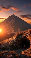 Fototapeta premium Volcanic Peak at Sunset: Hiker by Cave Entrance, Dramatic Sky