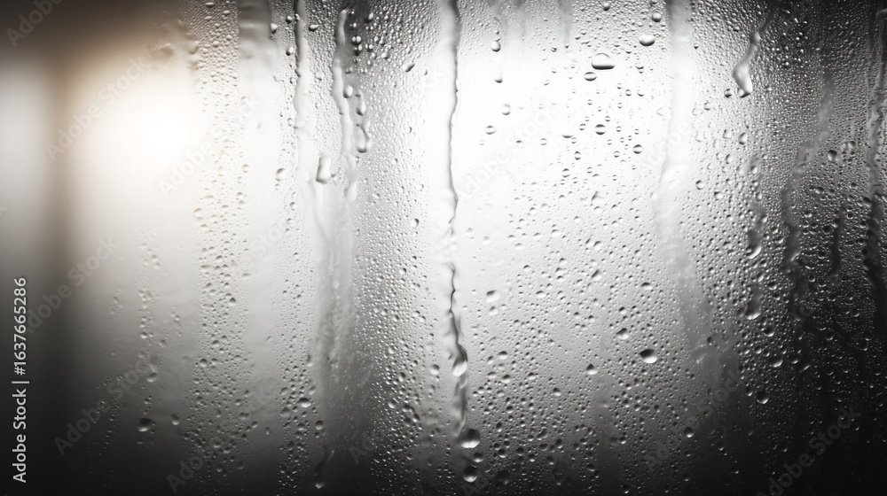Poster close-up of condensation droplets on glass with a soft light background creating an atmospheric effe