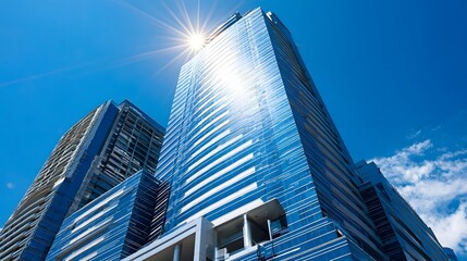 Obraz premium Modern glass skyscrapers against a vibrant blue sky.