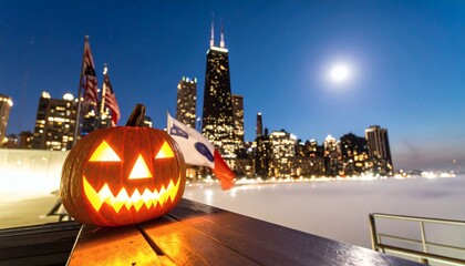 Glowing Carved Pumpkin with Sharp Smile on Ledge in Chicago Skyline Night View