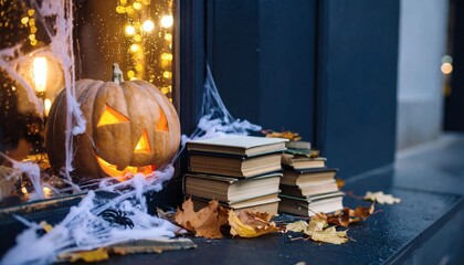 Glowing Jack-o'-Lantern, Cozy Setting with Books, Autumn Leaves, Indoor Ambiance