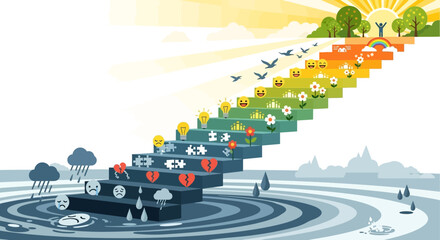 Illustration Art Vector Showing Stages of Growth With Emotions Puzzles Flowers Lightbulbs and Sunlight in Bright Colors