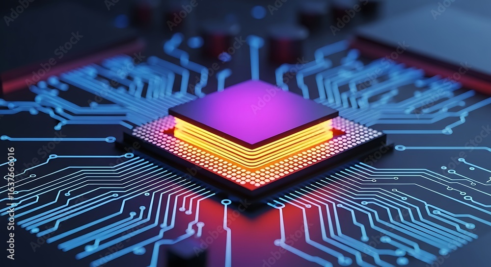 Poster futuristic glowing processor chip with vibrant purple and orange light, set on a detailed electronic