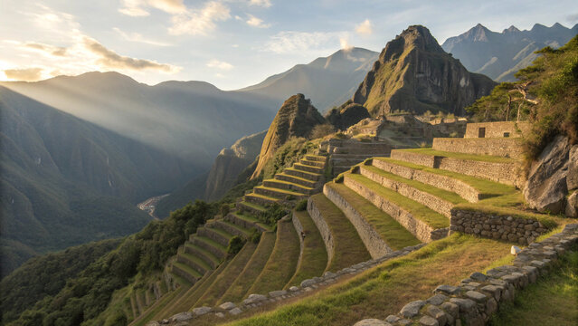 Photo of Ancient Incan agricultural majestic view of machu picchu ruins with snow capped mountain range in the background - Powered by Adobe