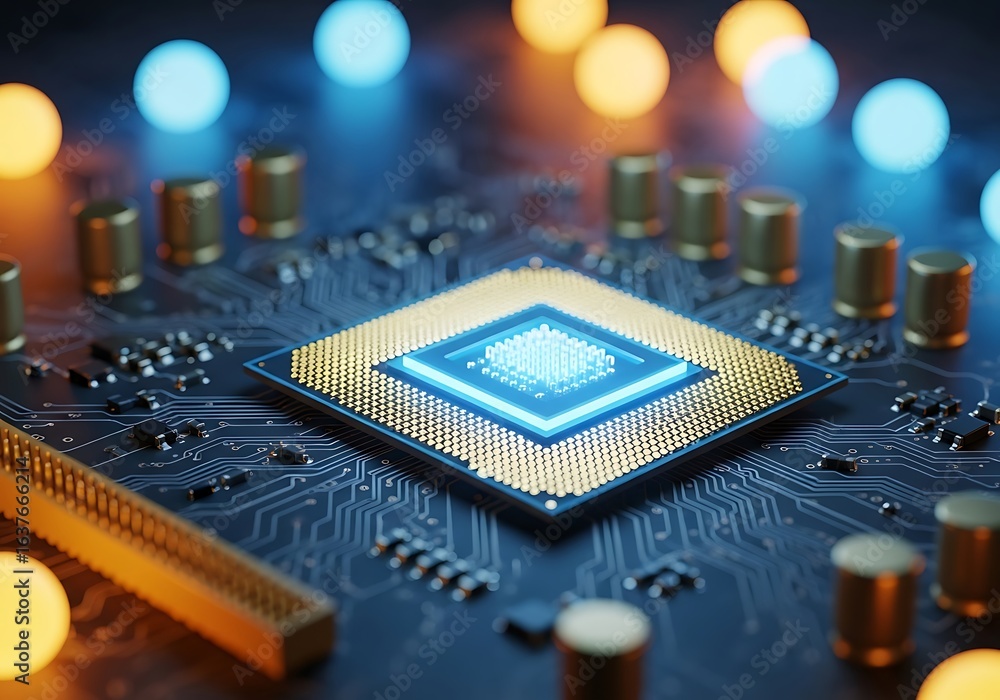 Poster closeup of a glowing blue computer processor on a dark circuit board with blurred lights in the back