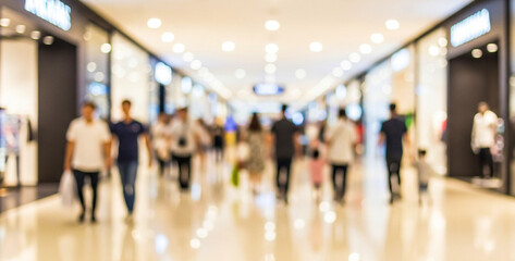 Blurred image of people walking inside a modern shopping mall with bright storefronts and glossy floors.