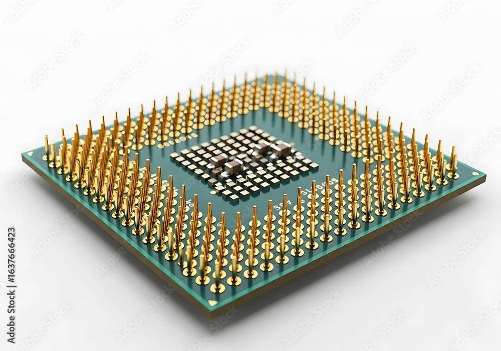 Poster closeup of a computer processor chip with many gold pins, isolated on white background