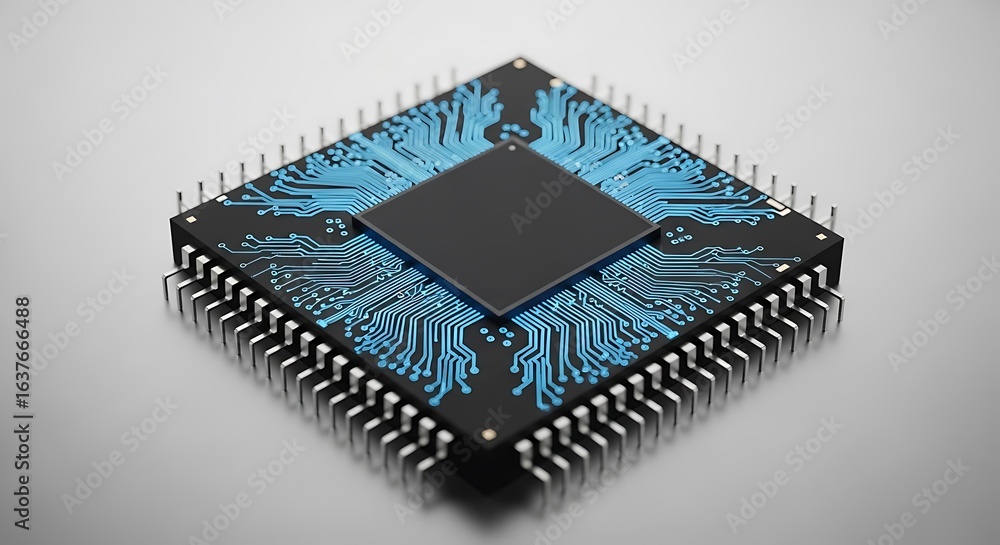 Poster a black computer processor with intricate blue circuitry visible on its surface, set against a clean