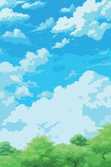 Fototapeta premium A blue sky with clouds and trees in the background. The sky is clear and bright, and the trees are lush and green. Scene is peaceful and serene, with the trees providing a sense of calm