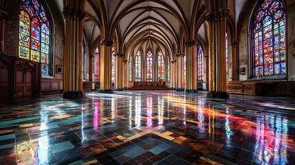 Fototapeta premium Grand interior of a historical church with stained glass windows.